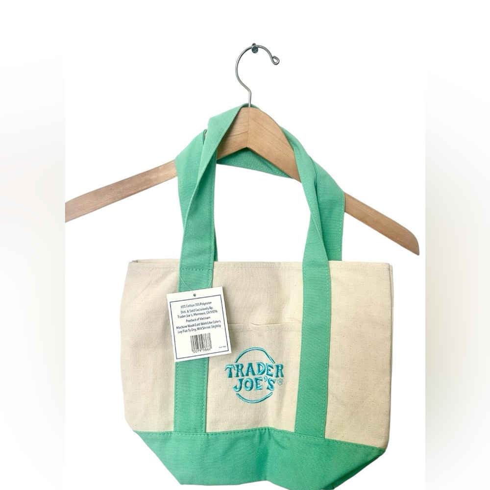 Trader Joe's Canvas Mini Tote Bag in Mint Green and Cream New With Tags Sold Out